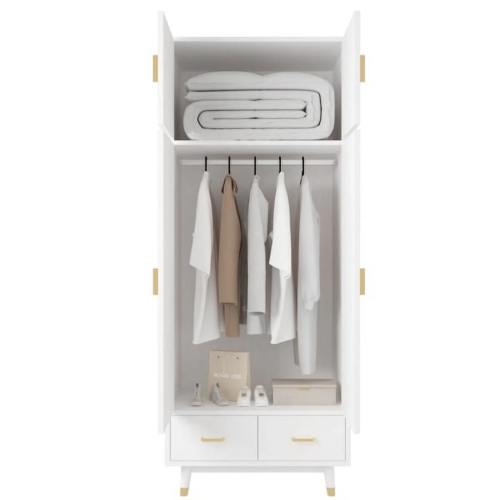 4 Door Wood Wardrobe with Clothing Rod and 2 Drawers, White T293424