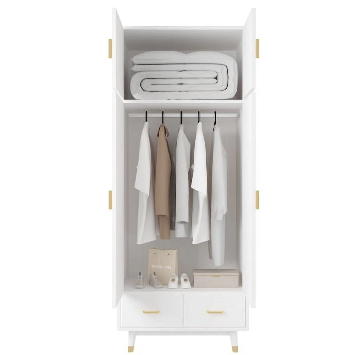 4 Door Wood Wardrobe with Clothing Rod and 2 Drawers, White T293424