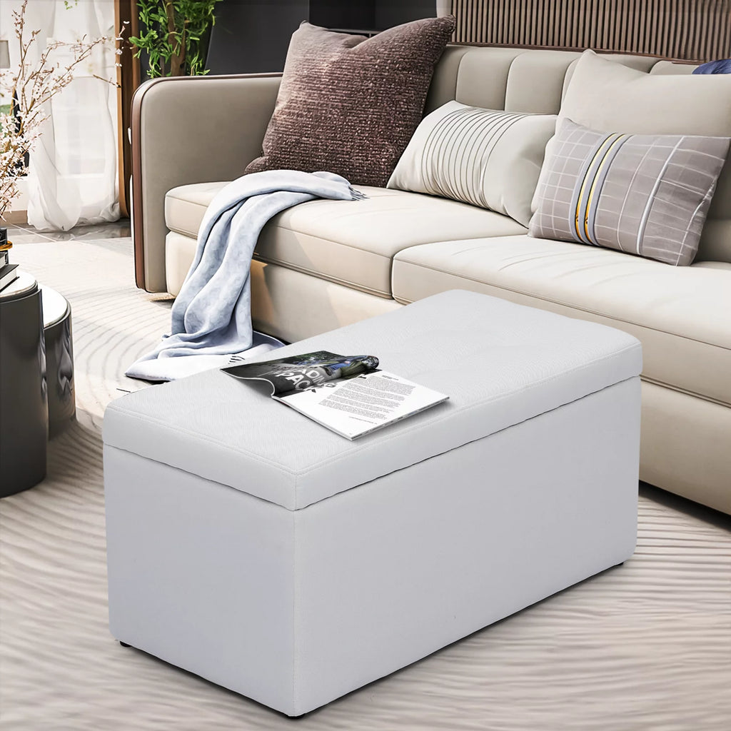 31" White Microfiber Storage Ottoman V310581