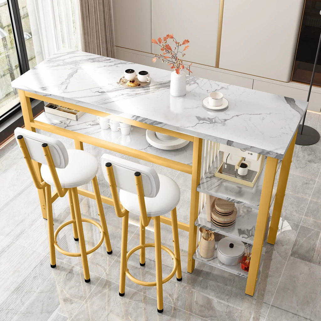White Gold Bar Table Set with 2 PU Upholstered Stools and 4 Storage Shelves T343