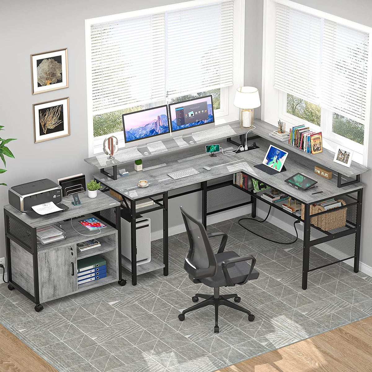 White Oak 55 inch L Shaped Desk with Power Outlets and LED Light G542872