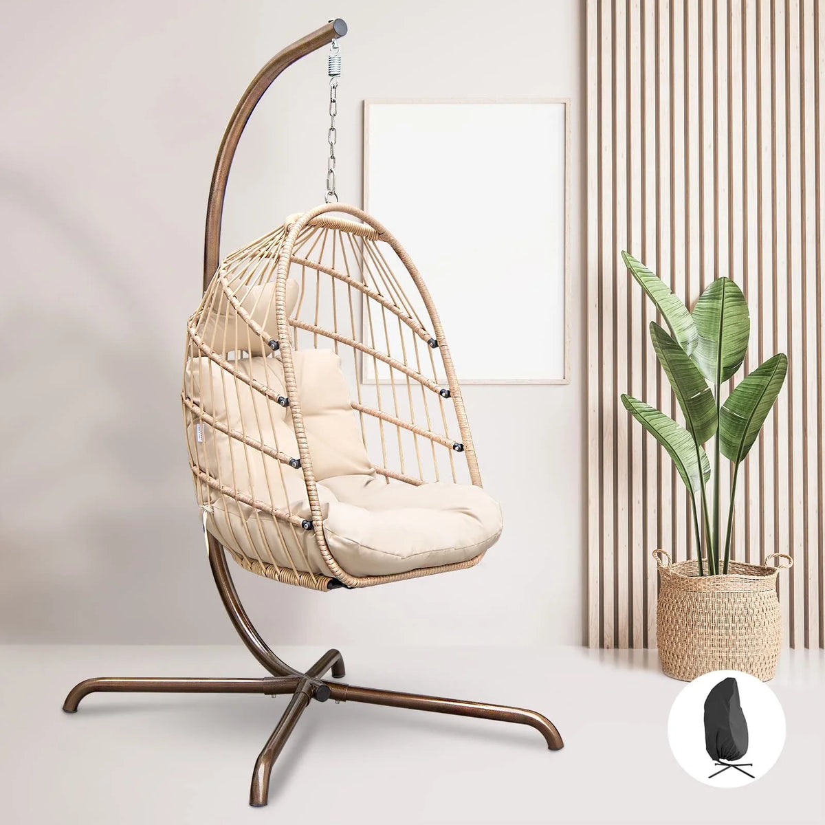 Foldable Brown PE Wicker Hanging Egg Chair with Stand K98788