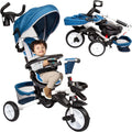 6-in-1 Foldable Baby Tricycle Stroller with Adjustable Push Handle, Removable Canopy, Safety Harness (Blue) X877311