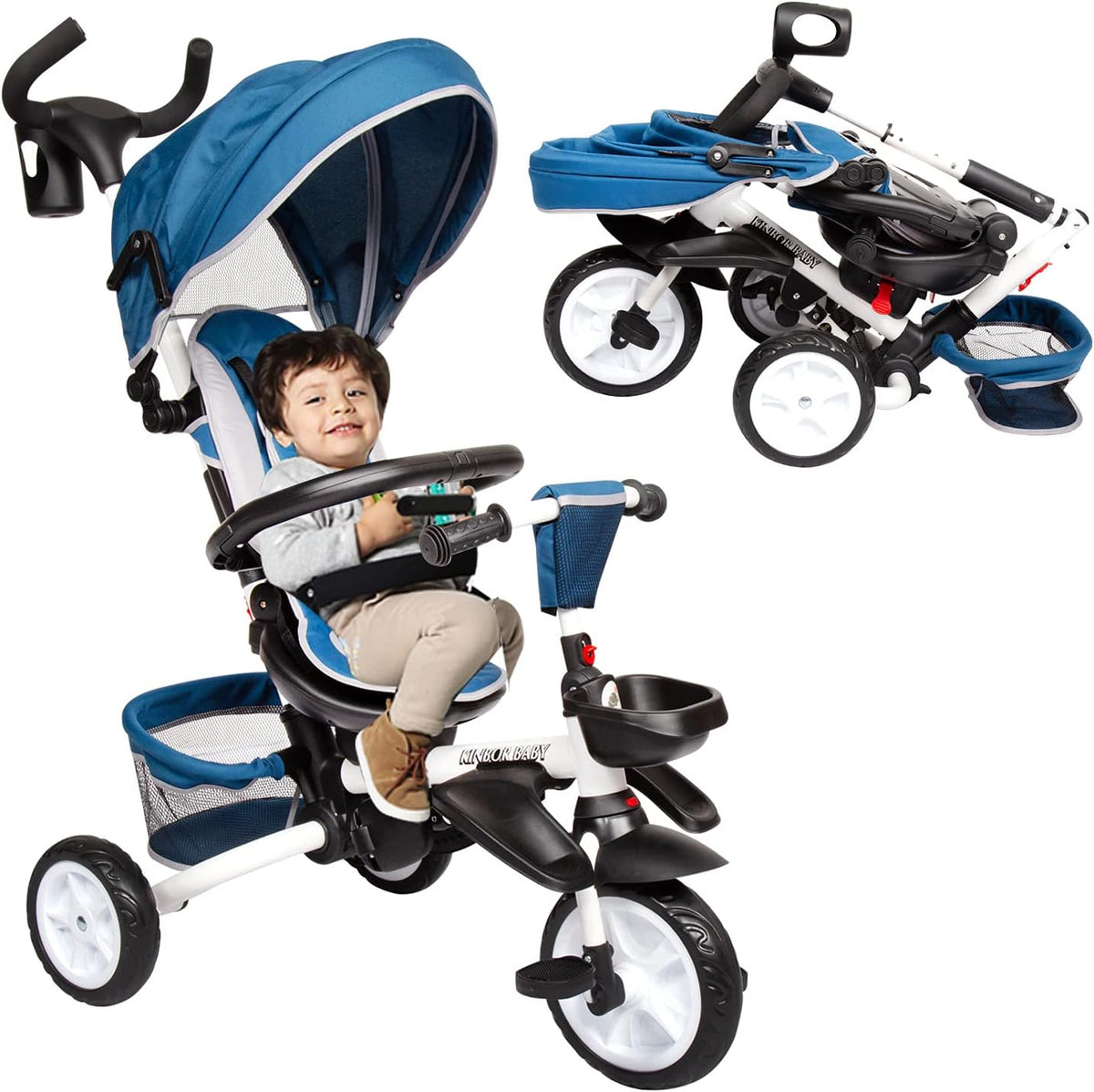 6-in-1 Foldable Baby Tricycle Stroller with Adjustable Push Handle, Removable Canopy, Safety Harness (Blue) X877311