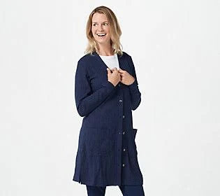Ribbed Button Down Front Knit Duster, Size 4X, Dark Navy H50952
